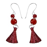 Silvesto India Wire Wrapped Red Onyx, 92.5 Sterling Silver Earring, Jaipur Rajasthan India Fish Hook-Tassel-Handmade Jewelry Manufacturer