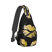 Gold Lips Print Crossbody Backpack Shoulder Bag Cross Chest Bag For Travel, Hiking Gym Tactical Use