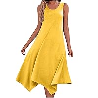 Solid Hankerchief Hem Tank Dress Womens Casual Summer Sleeveless Scoop Neck Midi Dresses Beach Flwoy A-Line Sundress