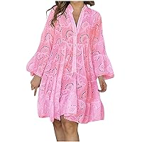 Women's V Neck Lace Crochet Puff Long Sleeve Ruffle Hem Loose Summer Flowy Mini Dress Plus Size Casual Swing Dresses