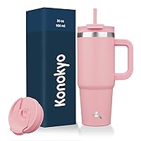 30 oz Tumbler with Handle and 2 Straws,2 in 1 Lid Insulated Water Bottle Stainless Steel Travel Coffee Mug,Pink