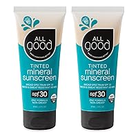 All Good Tinted Mineral Sport Sunscreen Lotion for Face & Body - UVA/UVB Broad Spectrum, SPF 30, Coral Reef Friendly, Water Resistant, Coconut Oil, Jojoba Oil, Shea Butter, Aloe (3 oz)(2-Pack)