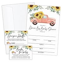 Baby Shower Invitations with Envelopes, Diaper Raffle Ticket and Baby Book Cards 25 each, Sunflower Pink Truck Baby Shower Invitation Fill-In Cards, Gender Reveal Party Decorations - (T0012)