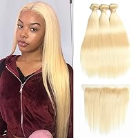 HC 613 Blonde Bundles with Frontal Straight Bundles with Frontal Weaves 13×4 Lace Frontal with 3 Bundles 100% Brazilian Virgin Human Hair Extension 130% Density Free Part (24 26 28 with 20, Frontal)