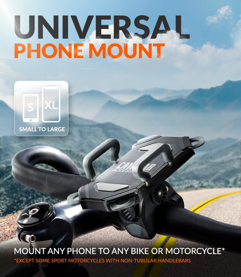 Bike & Motorcycle Phone Mount - For iPhone 14 (13, Xr, SE, Plus/Max), Samsung Galaxy S22 or any Cell Phone - Universal Handlebar Holder for ATV, Bicycle or Motorbike. +100 to Safeness & Comfort