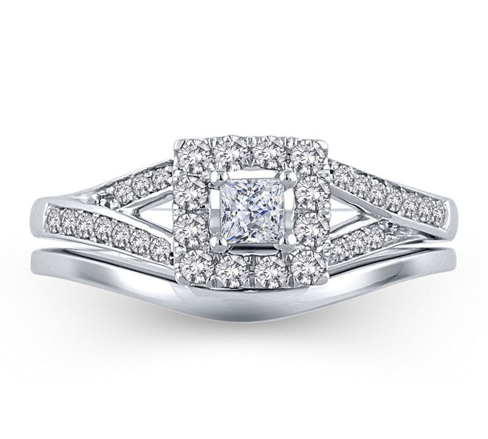 EternalDia 0.50 Cttw Princess-Cut Diamond Square shaped Split Shank Halo Bridal Set in 10K White Gold (IJ/I2)