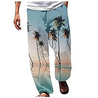 Work Pants Men Loose Fit Elastic Waist Wide Leg Pants Drawstring Jogger Boho Print Hawaiian Beach Yoga Pant Trouser