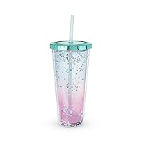 Mermaid Tumbler with Screw On Lid, Silicone Seal, and Reusable Straw, Slim Clear Plastic Leak-Proof Travel Iced Coffee Cup, 24 Oz, Set of 1