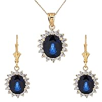 Little Treasures Princess Diana Inspired Elegant Diamonds and September Sapphire (LCS) Earrings and Pendant Necklace Necklace Set in 14 ct Gold Yellow Gold (Available Chain Length 16