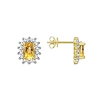 14K 925 Yellow Gold Plated Silver Halo Stud Earrings for Women & Girls - 6X4MM Oval & Sparkling Diamonds - Exquisite November Birthstone Jewelry for Women & Girls by RYLOS