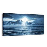 hyidecorart wall art for living room Decorations Photo Prints - blue sea view The moon Landscape Modern Home Decor Stretched and Framed Ready to Hang artwork (Blue Ocean&Moon, 24x 48inch x 1pcs)
