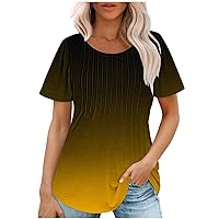 Summer Tops for Women Fashion Pleated Tops Gradient Print Round Neck Top Shirt Short Sleeve Casual Loose T Shirts