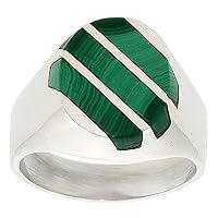 Sterling Silver Malachite Ring for Men Large Oval 3 Stripe Diagonal Solid Back Handmade, sizes 9-13