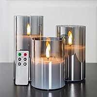 Eywamage Grey Glass Flameless Candles with Remote Battery Operated Flickering LED Pillar Candles Real Wax Wick Φ 3