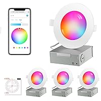 OREiN 4 Pack Smart Recessed Lighting 4 inch RGBWW with Wi-Fi APP Control, 9W 750lm Fix to Ceiling Downlight, Work with Alexa, Google, Siri
