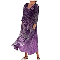Dresses for Women 2024 Printed 3/4 Sleeve Sun Dress with Pocket Vacation Casual Dresses Lightweight Trendy Dress
