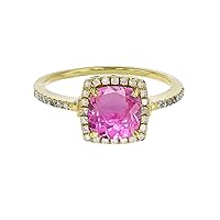 Sterling Silver Yellow 7mm Cushion Created Pink Sapphire & Created White Sapphire Halo Ring