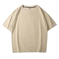 T Shirts for Men Solid Color Round Neck Loose Cotton Linen Short Sleeved T Shirt Plus Size Fashionable Casual