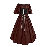 Renaissance Dress for Women Lace-Up Halloween Medieval Costume Faire Gothic Gown Bell Sleeve A-Line Court Dresses