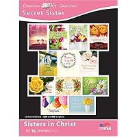 Secret Sister - Sisters in Christ Box of 12 unique designs- Assorted Boxed Christian Greeting Cards - KJV/NIV