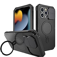 Magnetic Case for iPhone 15 Pro Max/15 Pro/15, Metal Kickstand Case with Lens Sliding Window Support Wireless Charging Protective Cover,Black,15 Pro Max 6.7''
