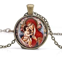 Virgin Mary Jesus Necklace - Religious Icon Pendant Medal. Madonna and Baby Catholic Jewelry Art Gift