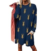 Golden Women's Long Sleeve T-Shirt Dress Casual Tunic Tops Loose Fit Crewneck Sweatshirts with Pockets