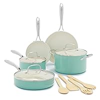 GreenLife Artisan Healthy Ceramic Nonstick, 12 Piece Cookware Pots and Pans Set, Stainless Steel Handle, PFAS-Free, Dishwasher Safe, Oven Safe, Turquoise