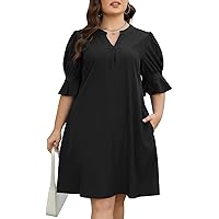 Celkuser Plus Size Shift Dress for Women Casual V Neck Ruffle Short Sleeve Flowy Summer Dresses with Pockets