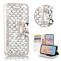 STENES Bling Wallet Phone Case Compatible with iPhone 14 6.1 inch 2022 Case - Stylish - 3D Handmade Square Lattice Bowknot Design Magnetic Wallet Stand Leather Cover Case - White