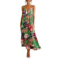 Womens Summer Casual Dress Sleeveless V-Neck Spaghetti Strap Tiered Beach Maxi Long Dresses with Pockets