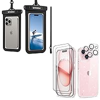 MIODIK Bundle - for Waterproof Phone Pouch + iPhone 15 Case, with Detachable Lanyard + 9H Tempered Glass Screen Protector + Camera Lens Protector - Black + Clear