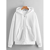 Sweatshirt for Women Solid Zip Up Drawstring Drop Shoulder Thermal Lined Hoodie Sweatshirt for Women (Color : White, Size : Medium)