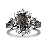 Natural Black Rutilated Quartz Engagement Ring Set for Women 10K 14K 18K Gold Black Rutilated Quartz Art Deco Wedding Ring Vintage Black Anniversary Promise Ring for Her