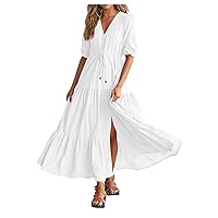 Dresses Women Sundresses for Women 2024,V Neck Ruffle Floral Dress Flowy Chiffon Beach Dress Vacation Tropical Boho Summer Dress Sleeveless Maxi Dress