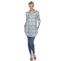 white mark Women's Stretchy Windowpane Plaid Tunic Top with Side Pockets and Roll Tab Sleeves