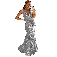 Women's 2023 Mermaid Elegant V Neck Long Prom Homcoming Dress Glitter Sequins Formal Party Dress