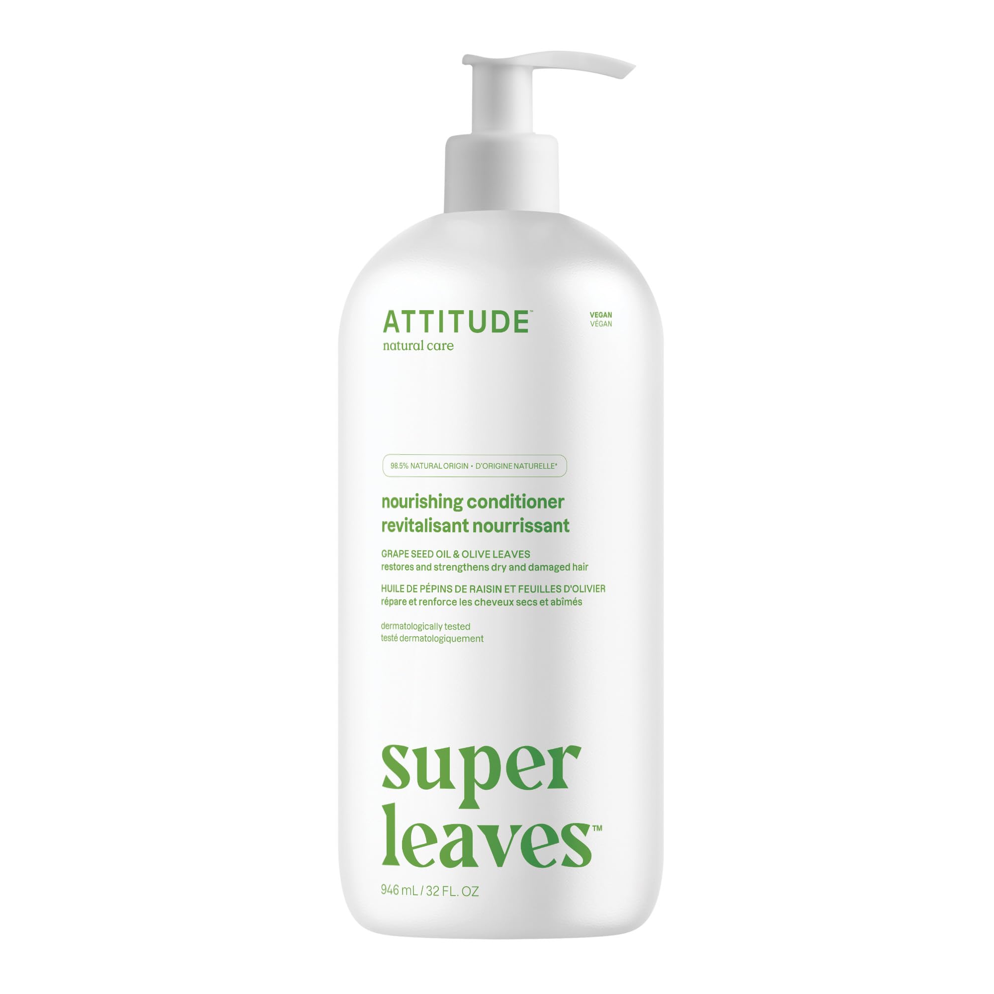 ATTITUDE Hair Conditioner, Plant and Mineral-Based Ingredients, Vegan and Cruelty-free Beauty and Personal Care Products, Nourishing & Strenghtening, Grapeseed Oil & Olive Leaves, 32 Fl Oz