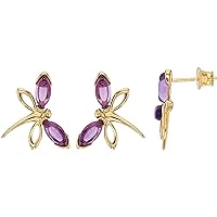 Thegoldencrafter Dragonfly Earrings 925 Sterling Silver Marquise Cut Amethyst Dragonfly Studs Unique Insect Stud Earrings 14K Yellow Gold Plated