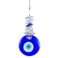 Blue Glass Evil Eye Talisman with Crystal Beads - Good Luck Charm, Home, Office, Car Decoration, Blessing Ornament, Reflects Negative Energy