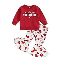Gueuusu Toddler Baby Girl Valentines Day Outfit Sweet Heart Crewneck Sweatshirt Top Heart Print Flare Pants Spring Clothes