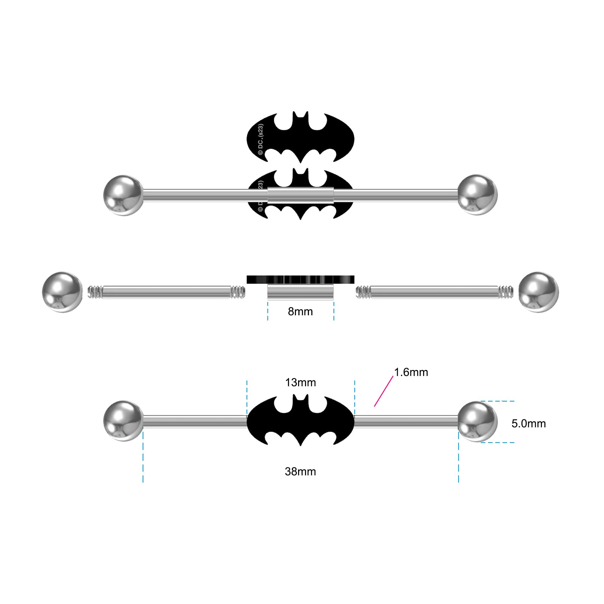 DC Comics Unisex Batman Stainless Steel Industrial Barbell. Official Licensed Jewelry. Black/Silver, One Size (BATMBCT02K)