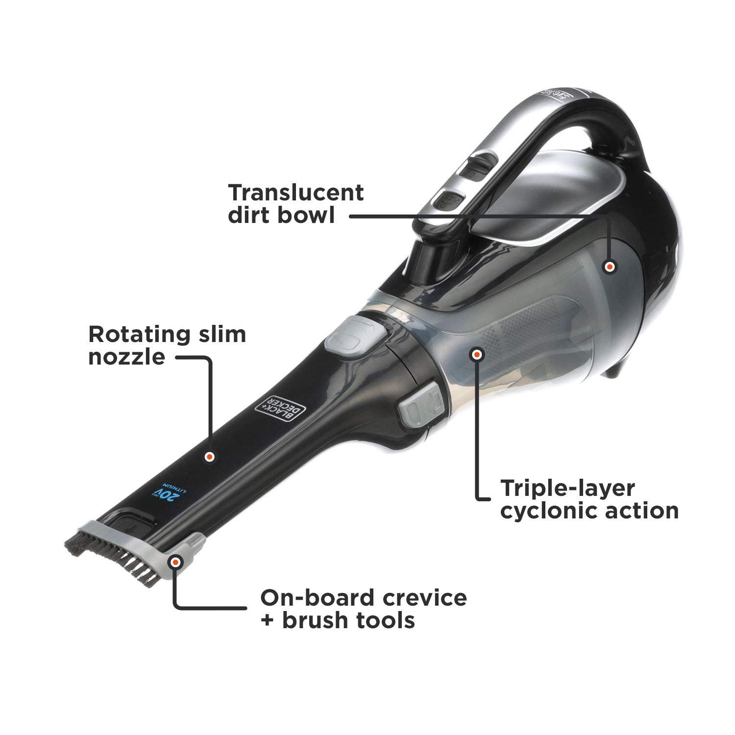 BLACK+DECKER 20V Cordless Handheld Vacuum with Pivoting Nozzle and Washable Filter (BDH2000L)
