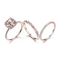 6.5mm Princess Cut Pink Morganite Engagement Ring Set Halo 14k Rose Gold Diamond Antique Matching Band