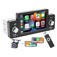 5 Inch Single Din Car Stereo Built-in Apple CarPlay/Android Auto/Mirror-Link, Touchscreen Radio Receiver with Bluetooth 5.1 Handsfree and 12LED HD Backup Camera, FM USB Audio Video Player