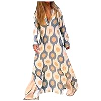 Dress for Wedding Guest,Long Sleeve Dress for Womens Pleated V Neck Plus Size Tiered Maxi Dress Casual Boho Lo