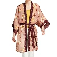 Womens Floral Print Long Sleeve Sheer Kimono Jacket Belt Blush XL/XXL