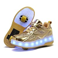 Wooowyet USB Rechargeable Roller Skates Shoes for Boys Kids Girls Light Up Led Sport Sneakers with Detachable Wheeled Rolling Skating Shoes Gold Big Kids Size 6