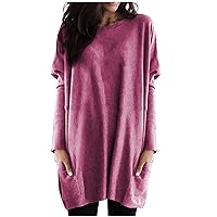 Women's Tops Dressy Casual Fashion Casual Long Sleeve Solid Color Pockets Loose Cotton Tops Undershirt for, S-5XL