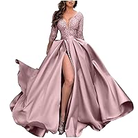 Sexy V Neck Long Sleeve Party Dress Women Satin Sequin Patchwork Formal Maxi Dress Elegant High Slit Evening Prom Gown